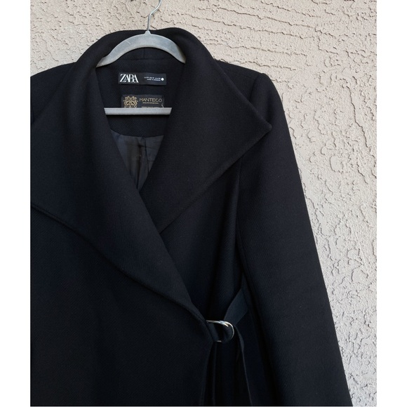 ZARA MANTECO Italian Luxury Wool Black Asymmetrical Belted Jacket Colins Coat M - Picture 13 of 16